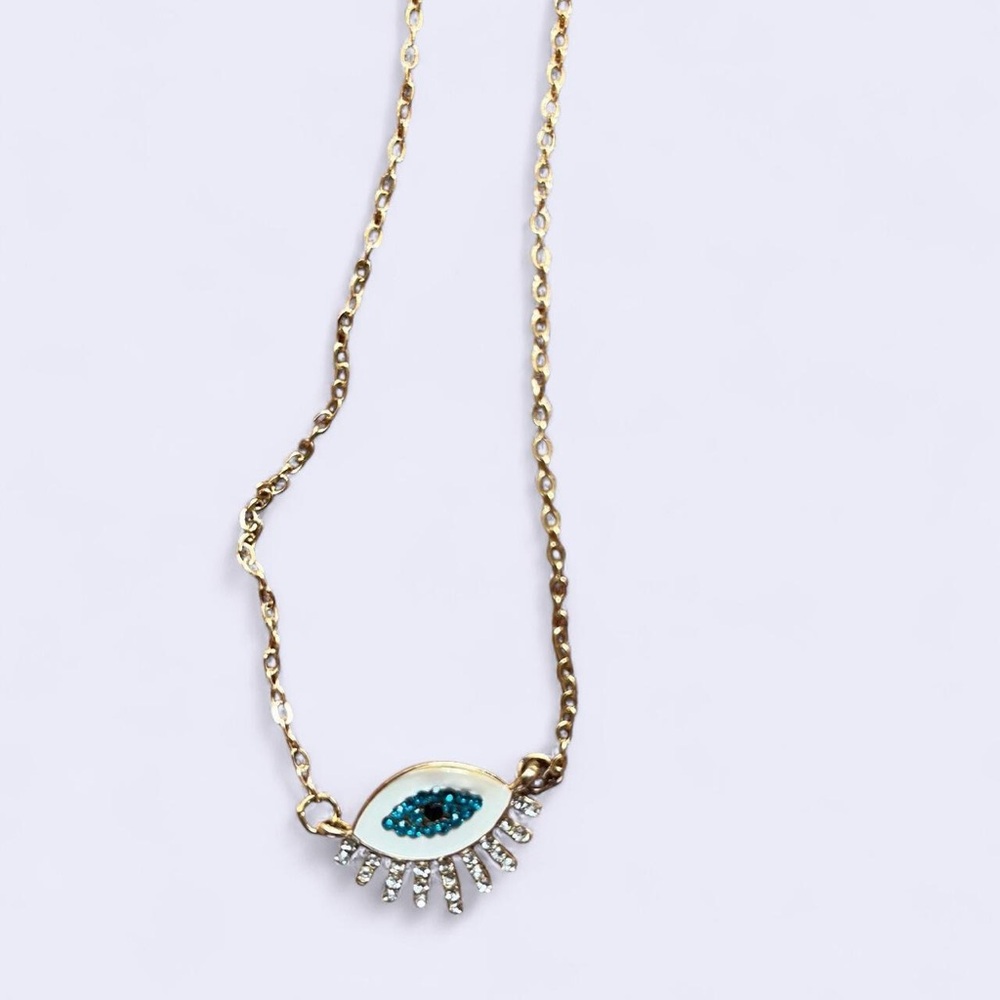 Gold and Sparkling Blue Evil Eye Necklace with Dainty Chain